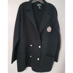 Womans vintage RALPH LAUREN Black CREST sweater blazer 1X double breasted WOOL